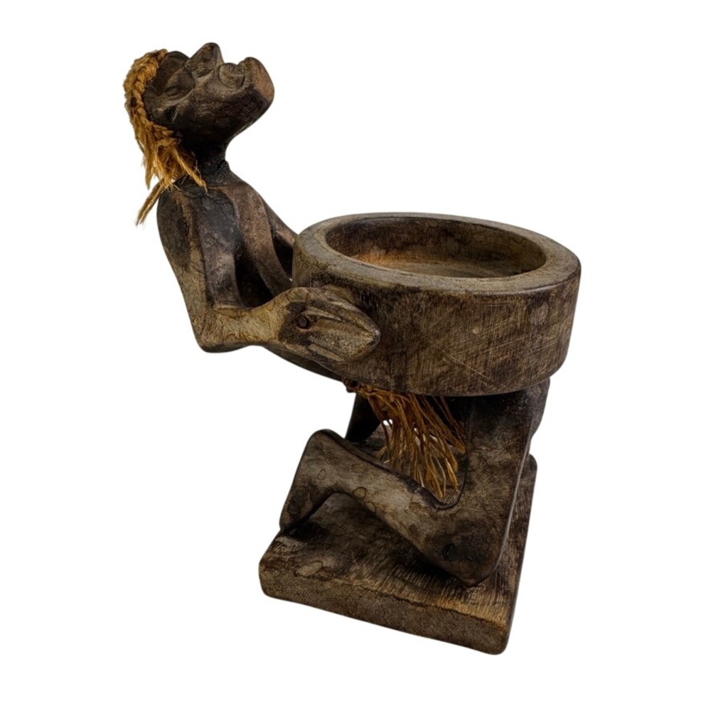 Vintage Hand Carved Tribal Wood Kneeling Figure Bowl Sculpture Fiber Hair Accent